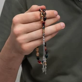 925 Ayar Gümüş Püsküllü Karışık Renkli Kehribar Tesbih - 2