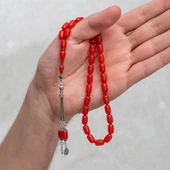 925 Ayar Gümüş Püsküllü Turuncu Renk Kapsül Kesim Kehribar Tesbih - 3