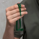 925 Ayar Gümüş Püsküllü Silindir Kesim Yeşil Kehribar Tesbih - 3