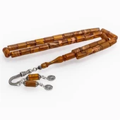 925 Ayar Gümüş Püsküllü Silindir Kesim Kehribar Tesbih - 1