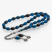 925 Ayar Gümüş Püsküllü Lacivert Siyah Kehribar Tesbih - 1