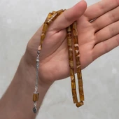 925 Ayar Gümüş Püsküllü Silindir Kesim Kehribar Tesbih - 3