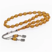 925 Ayar Gümüş Püsküllü Sarı Kehribar Tesbih - 1