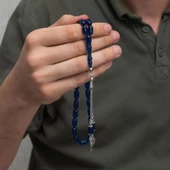 925 Ayar Gümüş Püsküllü Parliement Mavisi Kehribar Tesbih - 2