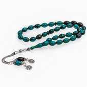 925 Ayar Gümüş Püsküllü Turkuaz Kehribar Tesbih - 1