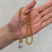 925 Ayar Gümüş Püsküllü Sarı Kehribar Tesbih - 3