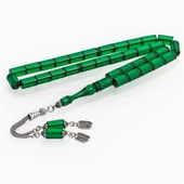 925 Ayar Gümüş Püsküllü Silindir Kesim Yeşil Kehribar Tesbih - 1