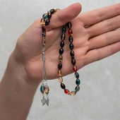 925 Ayar Gümüş Püsküllü Karışık Renkli Kehribar Tesbih - 3