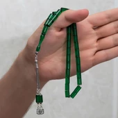 925 Ayar Gümüş Püsküllü Silindir Kesim Yeşil Kehribar Tesbih - 2