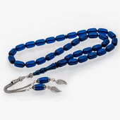 925 Ayar Gümüş Püsküllü Parliement Mavisi Kehribar Tesbih - 1