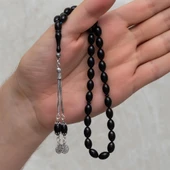 925 Ayar Gümüş Püsküllü Siyah Kehribar Tesbih - 3