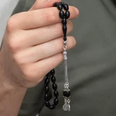 925 Ayar Gümüş Püsküllü Siyah Kehribar Tesbih - 2