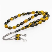 925 Ayar Gümüş Püsküllü Sarı Siyah Kehribar Tesbih - 1