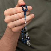 925 Ayar Gümüş Püsküllü Lacivert Kehribar Tesbih - 4