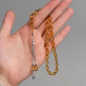 925 Ayar Gümüş Püsküllü Açık Sarı Kehribar Tesbih - 2