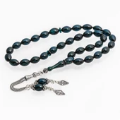 925 Ayar Gümüş Püsküllü Mavi Kehribar Tesbih - 1