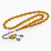 925 Ayar Gümüş Püsküllü Açık Sarı Kehribar Tesbih - 1