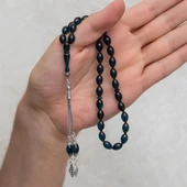 925 Ayar Gümüş Püsküllü Mavi Kehribar Tesbih - 4