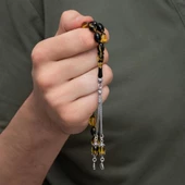 925 Ayar Gümüş Püsküllü Sarı Siyah Kehribar Tesbih - 2