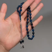 925 Ayar Gümüş Püsküllü Lacivert Kehribar Tesbih - 2