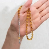 925 Ayar Gümüş Püsküllü Açık Sarı Kehribar Tesbih - 4