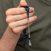 925 Ayar Gümüş Püsküllü Lacivert Kehribar Tesbih - 3