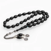 925 Ayar Gümüş Püsküllü Siyah Kehribar Tesbih - 1