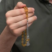 925 Ayar Gümüş Püsküllü Açık Sarı Kehribar Tesbih - 3