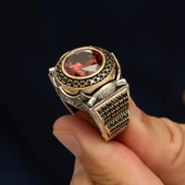 Yuvarlak Kırmızı Taşlı 925 Gümüş Erkek Yüzük thumbnail 5