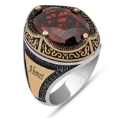 Kırmızı Taşlı Oval İsimli 925 Gümüş Erkek Yüzük thumbnail 2