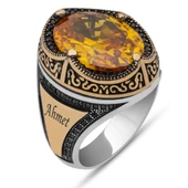 Oval Sarı Sitrin Taşlı Harfli 925 Gümüş Erkek Yüzük thumbnail 2