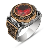 Yuvarlak Kırmızı Taşlı 925 Gümüş Erkek Yüzük thumbnail 2