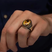 Oval Sarı Sitrin Taşlı Harfli 925 Gümüş Erkek Yüzük thumbnail 3