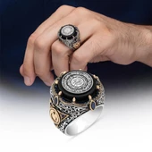 Ayetel Kursi Hat Yazılı Ayyıldız 925 Gümüş Erkek Yüzük thumbnail 1