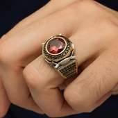 Yuvarlak Kırmızı Taşlı 925 Gümüş Erkek Yüzük thumbnail 8