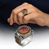 Yuvarlak Kırmızı Taşlı 925 Gümüş Erkek Yüzük thumbnail 1