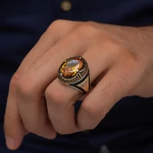 Oval Sarı Sitrin Taşlı Harfli 925 Gümüş Erkek Yüzük thumbnail 4