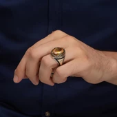 Oval Sarı Sitrin Taşlı Harfli 925 Gümüş Erkek Yüzük thumbnail 5