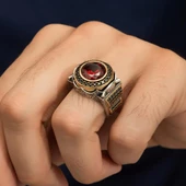 Yuvarlak Kırmızı Taşlı 925 Gümüş Erkek Yüzük thumbnail 7