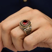 Yuvarlak Kırmızı Taşlı 925 Gümüş Erkek Yüzük thumbnail 3