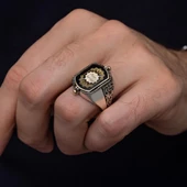 Çift Taraflı İsimli Siyah Mineli 925 Gümüş Erkek Yüzük thumbnail 9