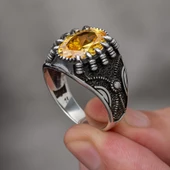 Sarı Taşlı Pençeli Harfli 925 Gümüş Erkek Yüzük thumbnail 9