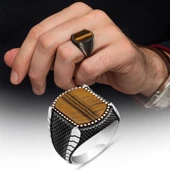 Kaplan Gözü Taşlı 925 Gümüş Erkek Yüzük thumbnail 1