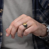 Sarı Taşlı Pençeli Harfli 925 Gümüş Erkek Yüzük thumbnail 4