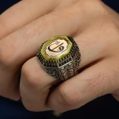 Elif Vav Harfli Sarı Taşlı 925 Gümüş Erkek Yüzük thumbnail 7