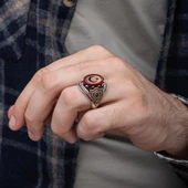 Ayyıldız Kırmızı Taşlı 925 Gümüş Erkek Yüzük thumbnail 5