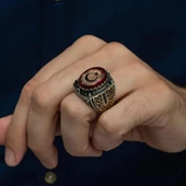 Kırmızı Taşlı Ayyıldız Desenli 925 Gümüş Erkek Yüzük thumbnail 3