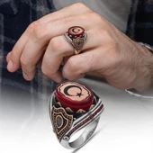 Ayyıldız Kırmızı Taşlı 925 Gümüş Erkek Yüzük thumbnail 1