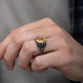 Sarı Taşlı Pençeli Harfli 925 Gümüş Erkek Yüzük thumbnail 7