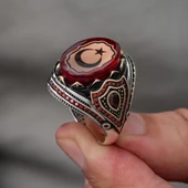 Ayyıldız Kırmızı Taşlı 925 Gümüş Erkek Yüzük thumbnail 8